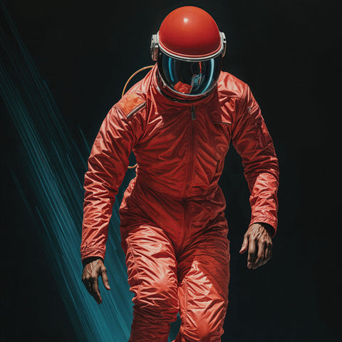 Poster of an astronaut in a fully red suit floating toward the viewer, suspended in the black expanse of space. A powerful sunbeam shines behind the astronaut, casting a dramatic glow and highlighting the figure against the infinite darkness of space.