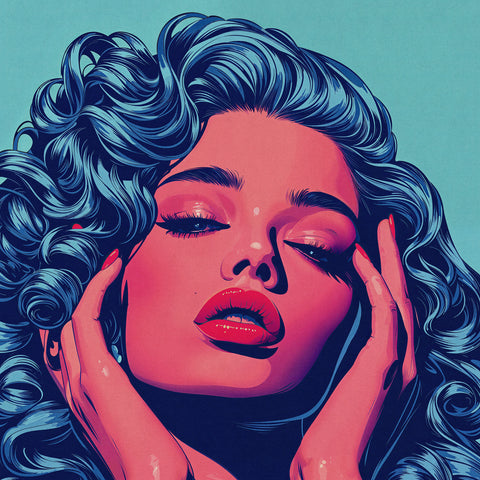 Digital art retro-themed poster of a woman resting her face in her hands, with neon blue tones highlighting her hair and background. Her makeup, clothing, and body feature vibrant pink and red hues, creating a bold and contrasting color scheme.