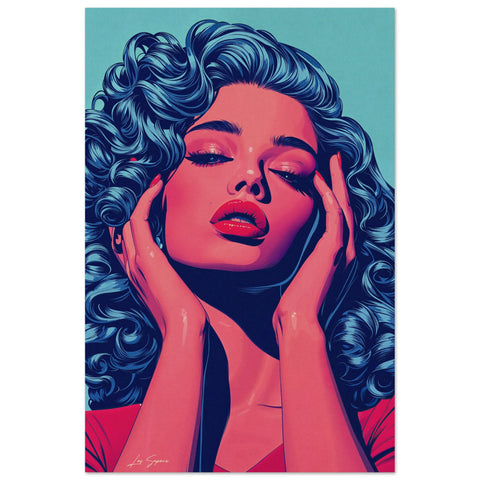 Digital art retro-themed poster of a woman resting her face in her hands, with neon blue tones highlighting her hair and background. Her makeup, clothing, and body feature vibrant pink and red hues, creating a bold and contrasting color scheme.