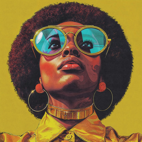 Poster of a headshot of a Black woman wearing large circular blue-tinted sunglasses, paired with a yellow collared shirt. Her afro is bold and full, complemented by hoop earrings, all set against a solid yellow background that enhances the vibrant, energetic vibe of the image.