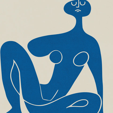 Poster depicting a minimalist blue figure in human form sitting gracefully against a stark white backdrop. The simplicity emphasizes the form's contemplative posture.