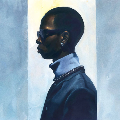 Fine art side view depiction of a luxurious man wearing a blue jacket and turtleneck, paired with dark sunglasses and earrings. His confident stance is set against a cold blue background, enhancing the sleek, sophisticated vibe of the ensemble.