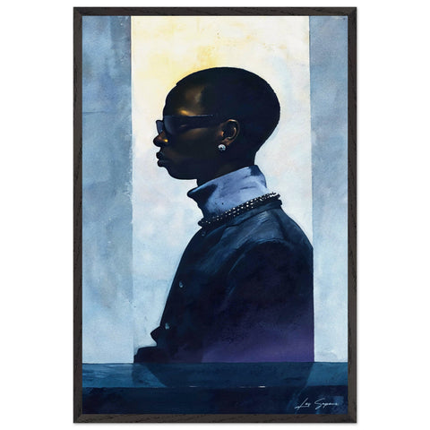 Fine art side view depiction of a luxurious man wearing a blue jacket and turtleneck, paired with dark sunglasses and earrings. His confident stance is set against a cold blue background, enhancing the sleek, sophisticated vibe of the ensemble.