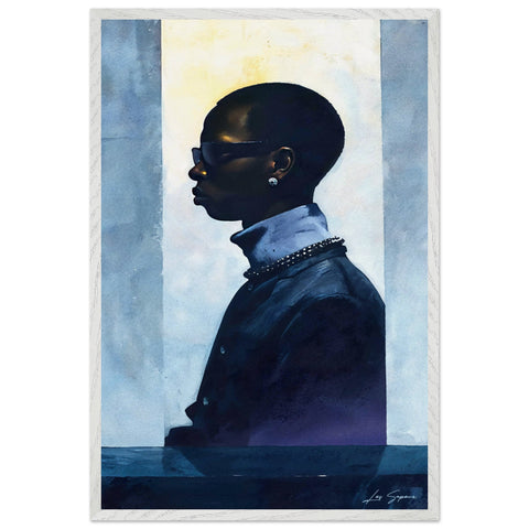 Fine art side view depiction of a luxurious man wearing a blue jacket and turtleneck, paired with dark sunglasses and earrings. His confident stance is set against a cold blue background, enhancing the sleek, sophisticated vibe of the ensemble.