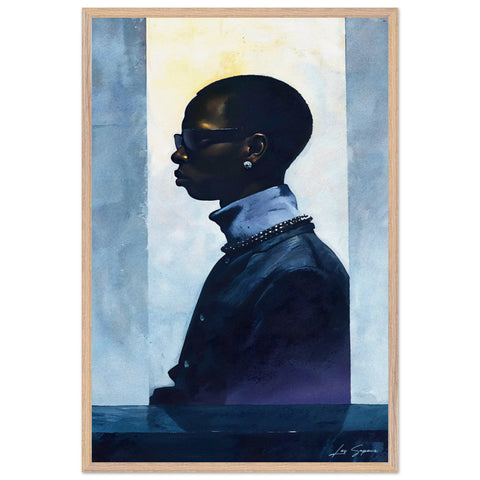 Fine art side view depiction of a luxurious man wearing a blue jacket and turtleneck, paired with dark sunglasses and earrings. His confident stance is set against a cold blue background, enhancing the sleek, sophisticated vibe of the ensemble.