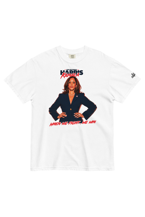 Heavyweight T-shirt in white showcasing Kamala Harris's memorable phrase "Say it to my face," paired with a stylized portrait of her and her signature beneath, creating a striking and empowering design.