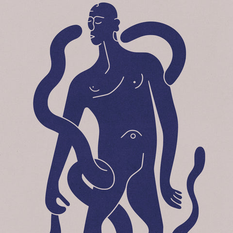 Poster featuring an all-blue figure of a man standing confidently amidst intertwining, slithering blue lines and serpent-like forms. The crisp white background accentuates the surreal and fluid design.
