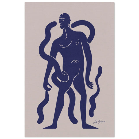 Poster featuring an all-blue figure of a man standing confidently amidst intertwining, slithering blue lines and serpent-like forms. The crisp white background accentuates the surreal and fluid design.
