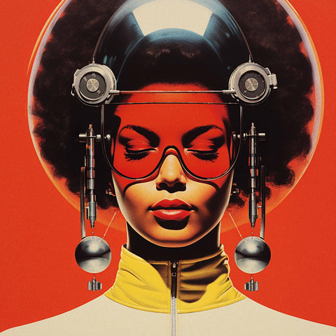 Poster of a woman wearing futuristic headgear and a red visor that still reveals her face. She dons a yellow garment, set against a bold red-orange solid background. With her eyes wide shut, she focuses deeply on her inner thoughts, creating an aura of introspection and futuristic style.