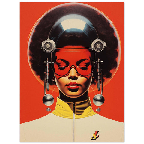 Poster of a woman wearing futuristic headgear and a red visor that still reveals her face. She dons a yellow garment, set against a bold red-orange solid background. With her eyes wide shut, she focuses deeply on her inner thoughts, creating an aura of introspection and futuristic style.