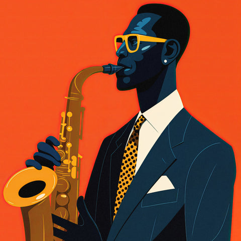 Fine art of a solo saxophonist set against a striking solid red backdrop. He wears a navy tuxedo with a white shirt and a gold checkered tie, accessorized with matching sunglasses and earrings. The bold colors and sharp contrasts create a sophisticated, dynamic atmosphere that emphasizes his cool, musical presence.