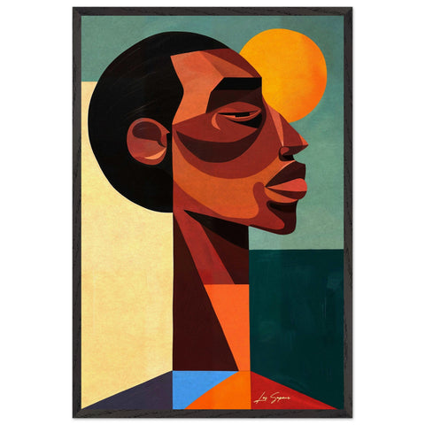 Fine art depicting an abstract side profile of a man on a farm, surrounded by lush green crops and an orange sun in the background. The figure is constructed from sharp geometric shapes, with the man wearing an orange and blue shirt, blending seamlessly into the vibrant landscape.