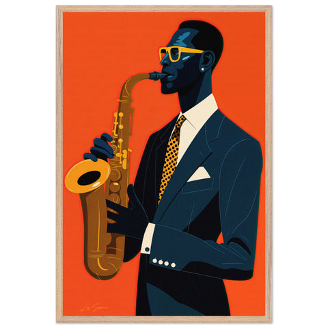 Fine art of a solo saxophonist set against a striking solid red backdrop. He wears a navy tuxedo with a white shirt and a gold checkered tie, accessorized with matching sunglasses and earrings. The bold colors and sharp contrasts create a sophisticated, dynamic atmosphere that emphasizes his cool, musical presence.