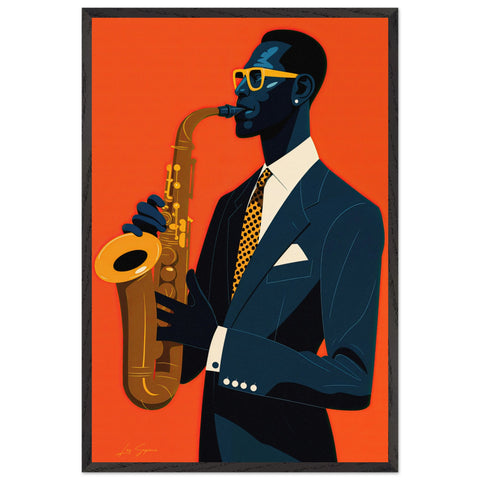 Fine art of a solo saxophonist set against a striking solid red backdrop. He wears a navy tuxedo with a white shirt and a gold checkered tie, accessorized with matching sunglasses and earrings. The bold colors and sharp contrasts create a sophisticated, dynamic atmosphere that emphasizes his cool, musical presence.