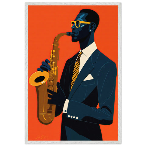 Fine art of a solo saxophonist set against a striking solid red backdrop. He wears a navy tuxedo with a white shirt and a gold checkered tie, accessorized with matching sunglasses and earrings. The bold colors and sharp contrasts create a sophisticated, dynamic atmosphere that emphasizes his cool, musical presence.