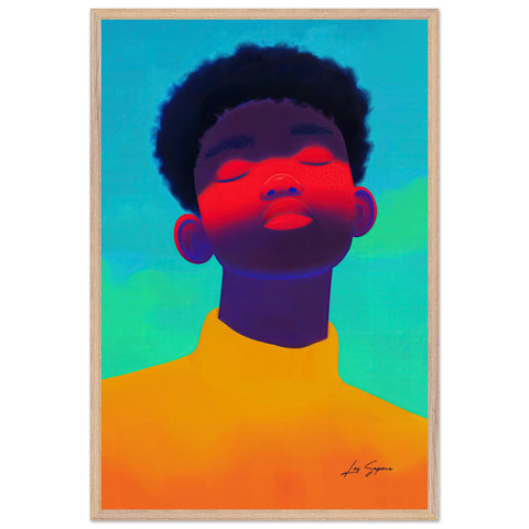 Contemporary digital portrait of a black man with a neon blue and green background, illuminated by bold red lighting