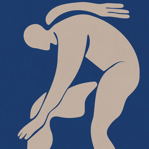 Poster featuring the silhouette of an all-white human figure, depicting a man bent gracefully in a dynamic dancing pose. The figure contrasts against a solid blue background, emphasizing movement and form.