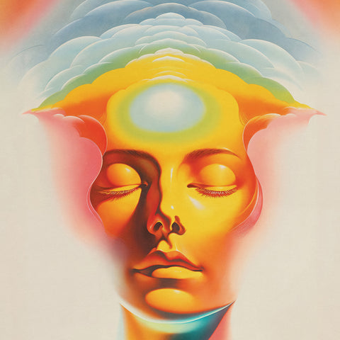 Fine art print of a woman's face, her expression euphoric with a glowing third eye. Her head is abstractly intertwined with clouds, symbolizing a connection to a blissful, otherworldly dimension that evokes a sense of spiritual transcendence and serene consciousness.