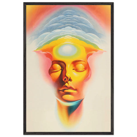 Fine art print of a woman's face, her expression euphoric with a glowing third eye. Her head is abstractly intertwined with clouds, symbolizing a connection to a blissful, otherworldly dimension that evokes a sense of spiritual transcendence and serene consciousness.