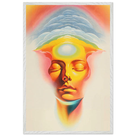 Fine art print of a woman's face, her expression euphoric with a glowing third eye. Her head is abstractly intertwined with clouds, symbolizing a connection to a blissful, otherworldly dimension that evokes a sense of spiritual transcendence and serene consciousness.