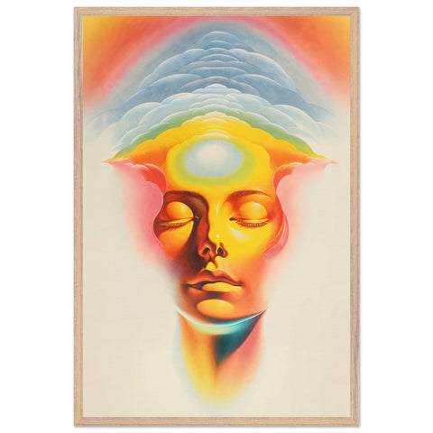 Fine art print of a woman's face, her expression euphoric with a glowing third eye. Her head is abstractly intertwined with clouds, symbolizing a connection to a blissful, otherworldly dimension that evokes a sense of spiritual transcendence and serene consciousness.