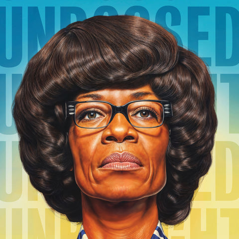 Unbought and Unbossed poster showcasing a bold portrait of Shirley Chisholm. Her commanding expression embodies the strength and resolve of a trailblazer, celebrated as the first Black woman in Congress and a presidential candidate who stood firm in her courage and convictions