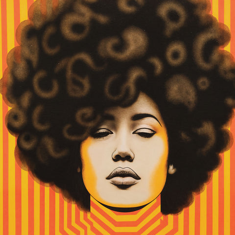 Digital art poster depicting a woman’s face and head in a blissful, euphoric expression framed by vibrant orange ripple textures, emphasizing the head and face without neck or shoulders