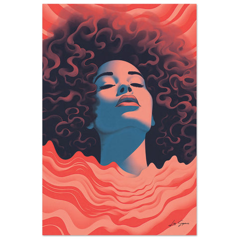 Digital art poster depicting a woman’s face and head in a blissful, euphoric expression framed by bold red wave-like patterns, emphasizing the head and face without neck or shoulders