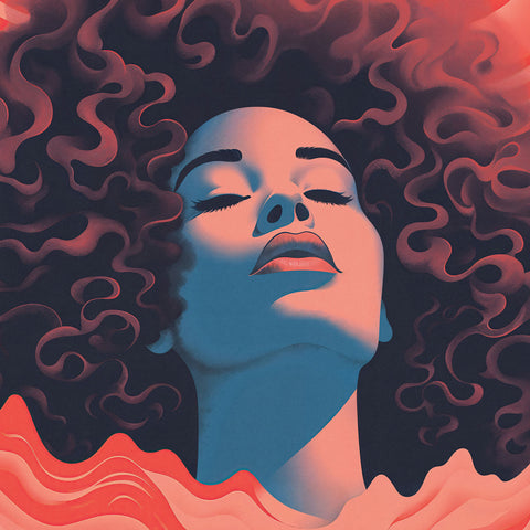 Digital art poster depicting a woman’s face and head in a blissful, euphoric expression framed by bold red wave-like patterns, emphasizing the head and face without neck or shoulders